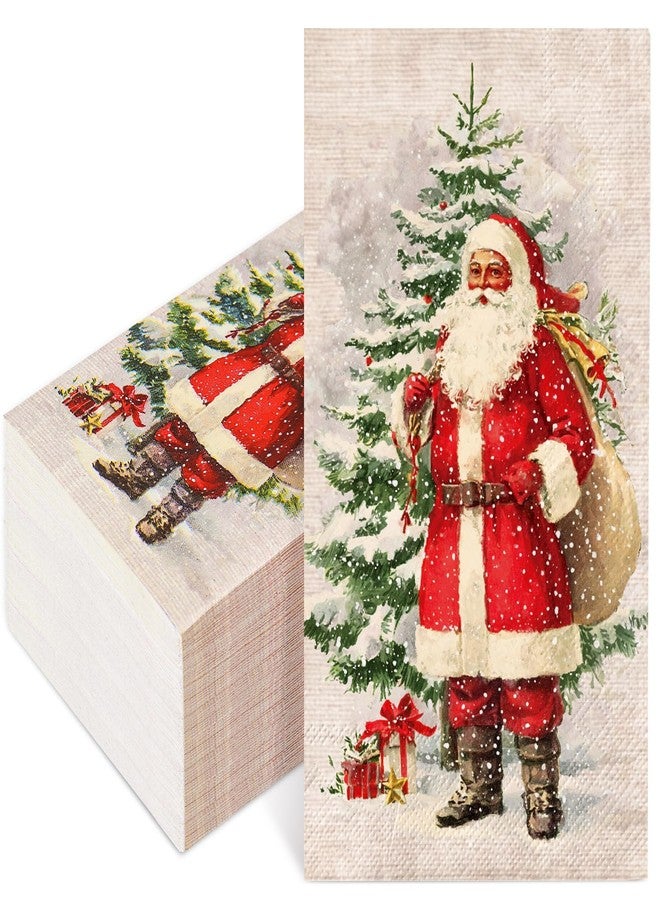 وولاين مجموعة مناديل ضيوف عيد الميلاد من والين، 100 قطعة، بتصميم شتوي عتيق، مزينة برسومات سانتا وشجرة عيد الميلاد، للاستخدام مرة واحدة، مثالية لحفلات الأعياد. - Image 1